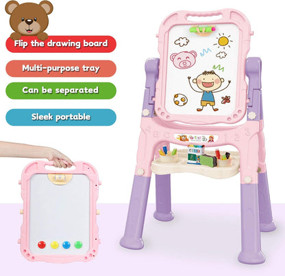 Kids Art Easel – Adjustable Double-Sided Rotating Easel with Painting Accessories (Pink)