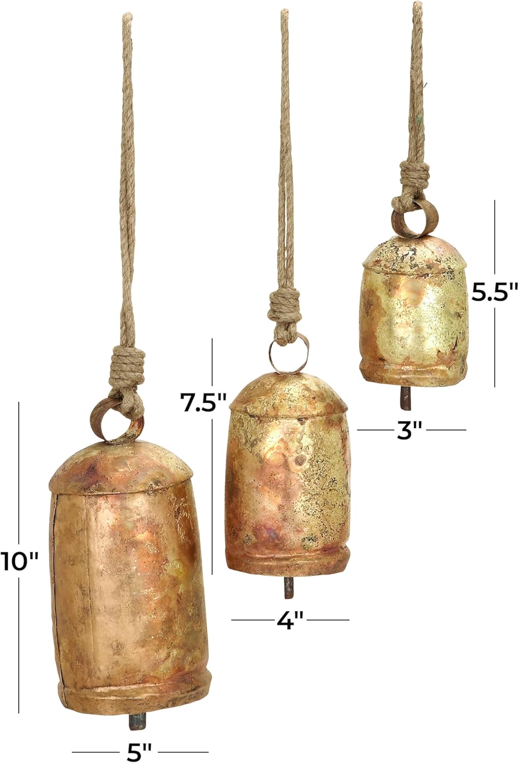 Set of 3 Gold Metal Tibetan-Style Giant Cow Bells with Jute Rope