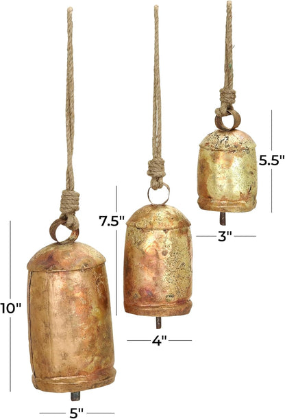 Set of 3 Gold Metal Tibetan-Style Giant Cow Bells with Jute Rope
