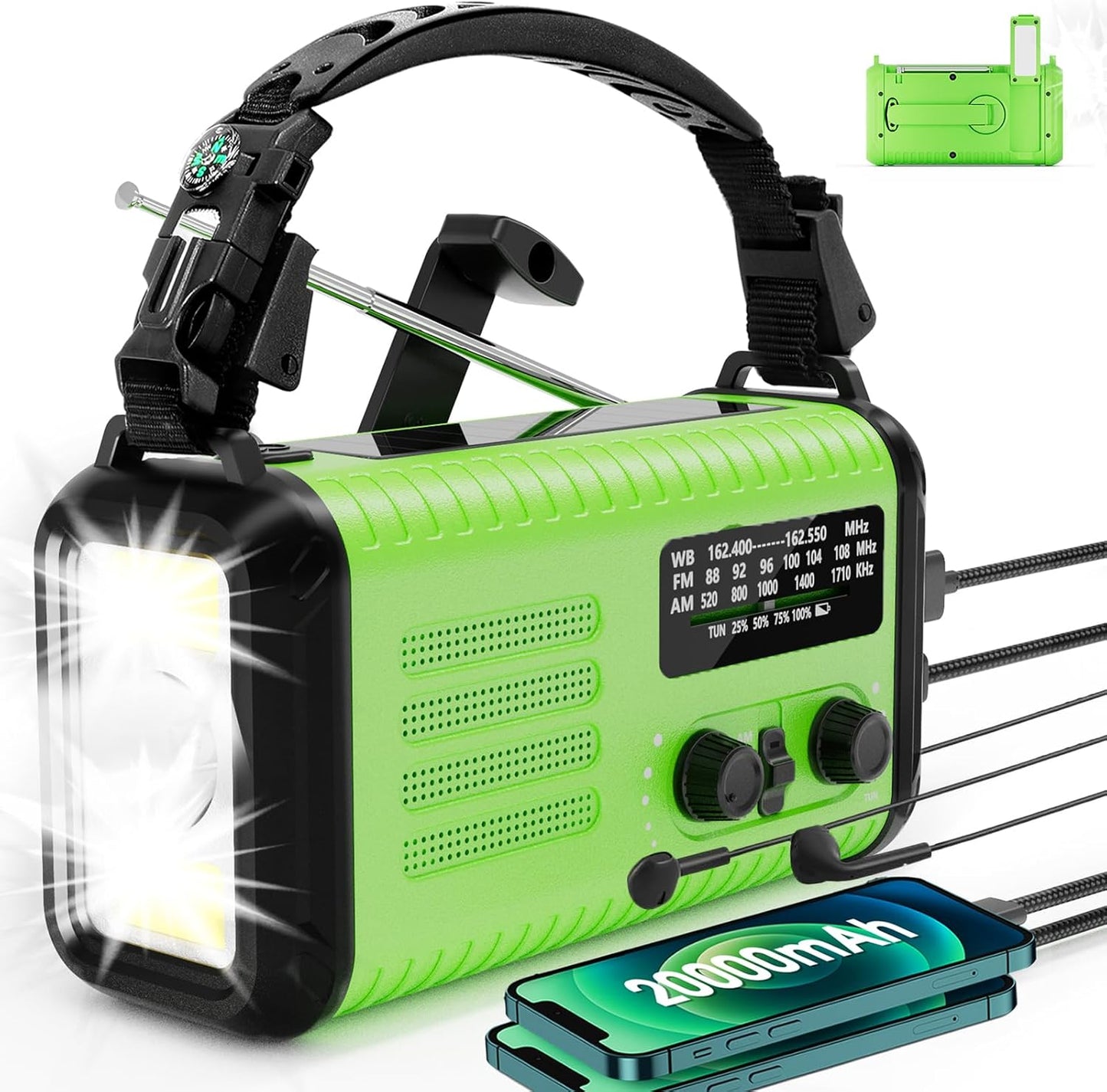 74,000mWh Emergency Radio – NOAA Weather, Hand Crank & Solar, USB-C, Flashlight & SOS
