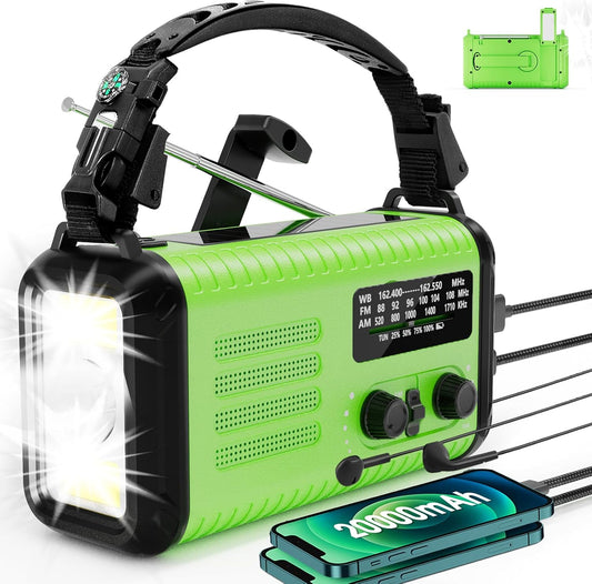 74,000mWh Emergency Radio – NOAA Weather, Hand Crank & Solar, USB-C, Flashlight & SOS