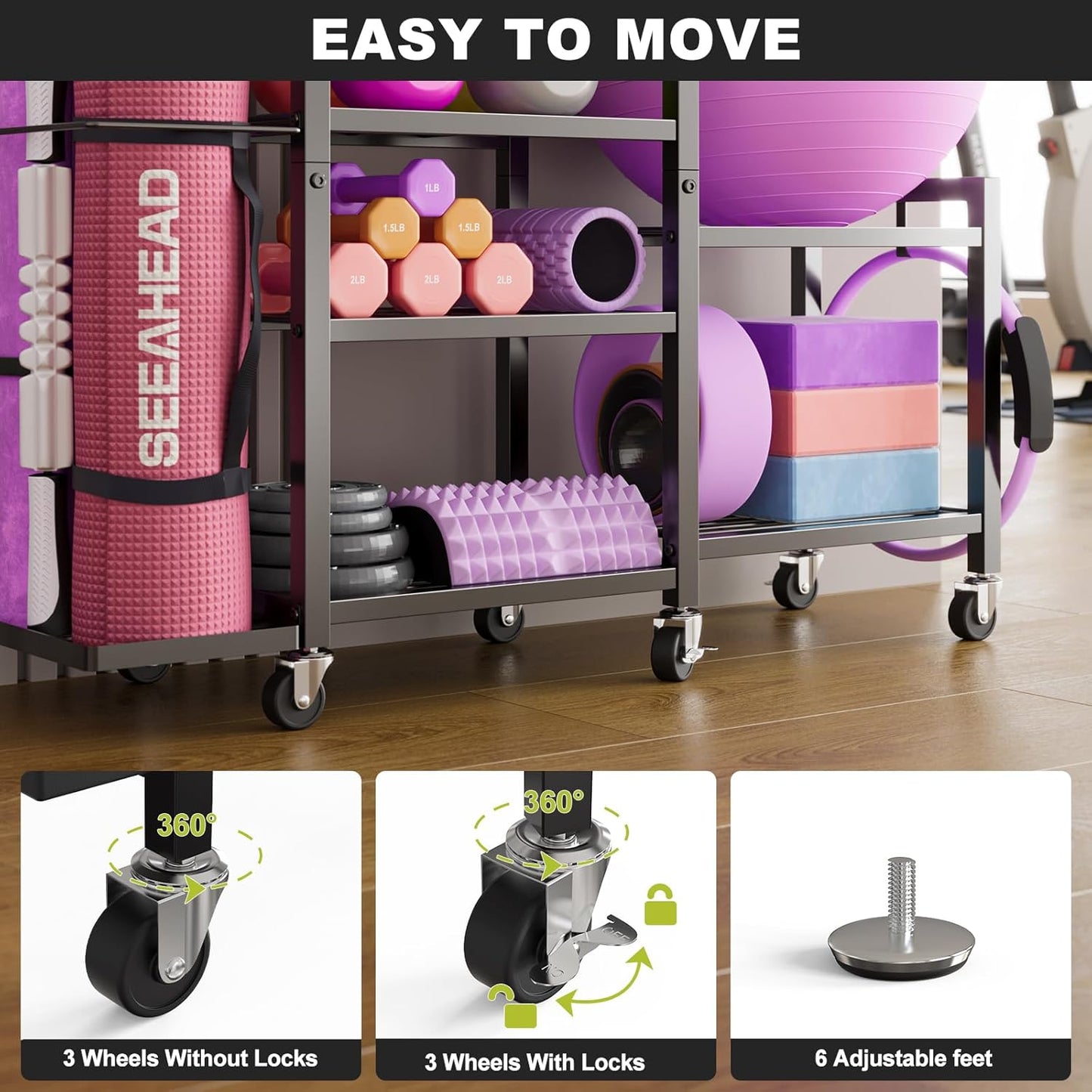 6-Tier Home Gym Storage Rack with Wheels – Multi-Purpose Organizer for Dumbbells, Yoga Mats & Fitness Equipment
