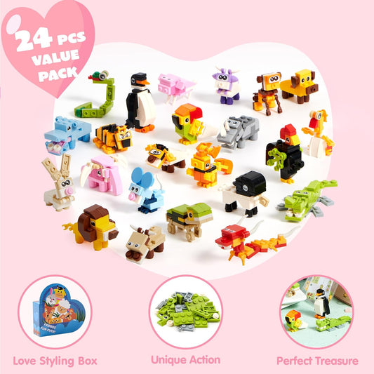 24 Packs Valentines Animal Building Blocks with Hearts Party Favors for Kids
