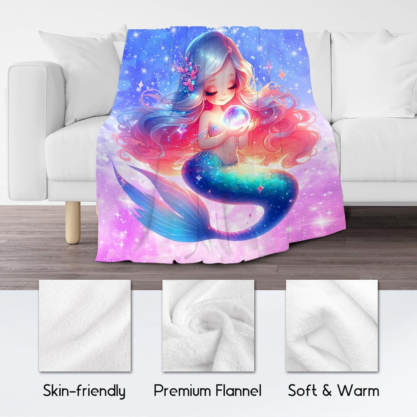 Girls Mermaid Throw Blanket – Plush Cozy Flannel Gift (50" x 60")