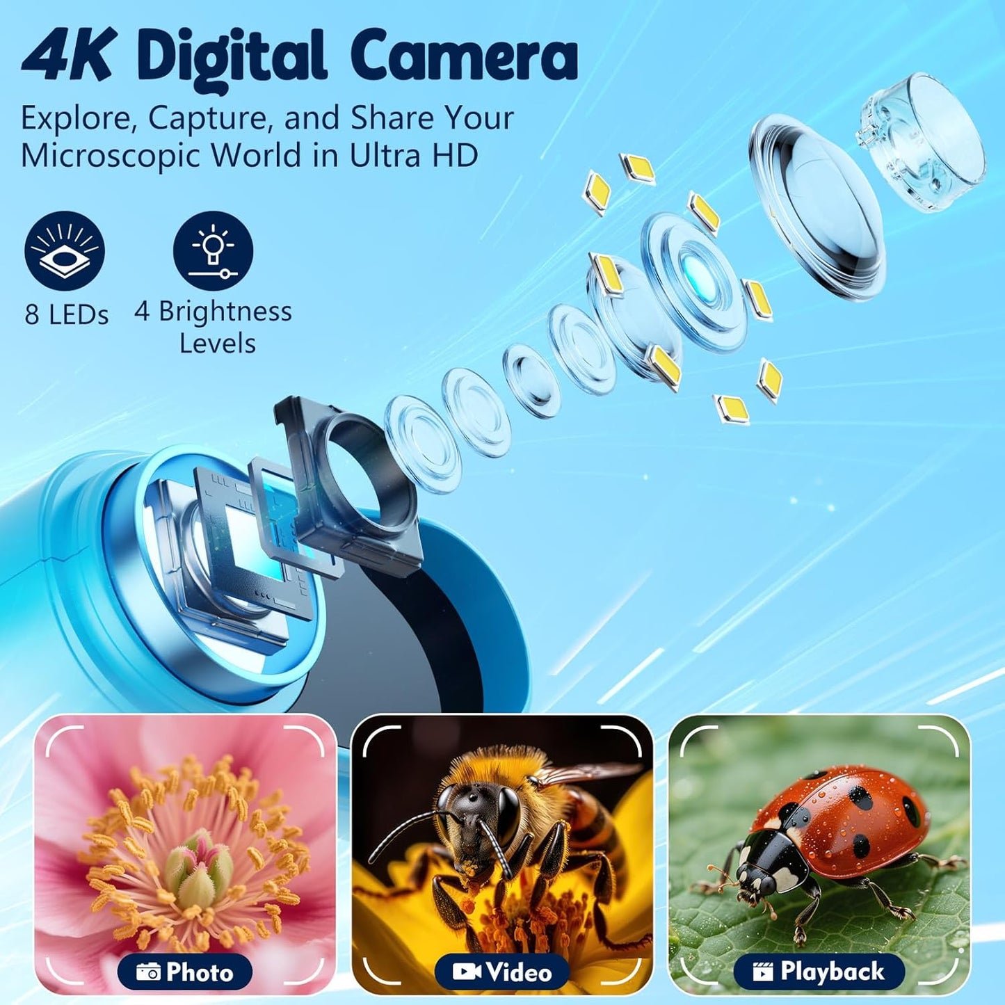 1000X Kids Handheld Digital Microscope – 4K 2.4" Screen with 12 Slides (Blue)