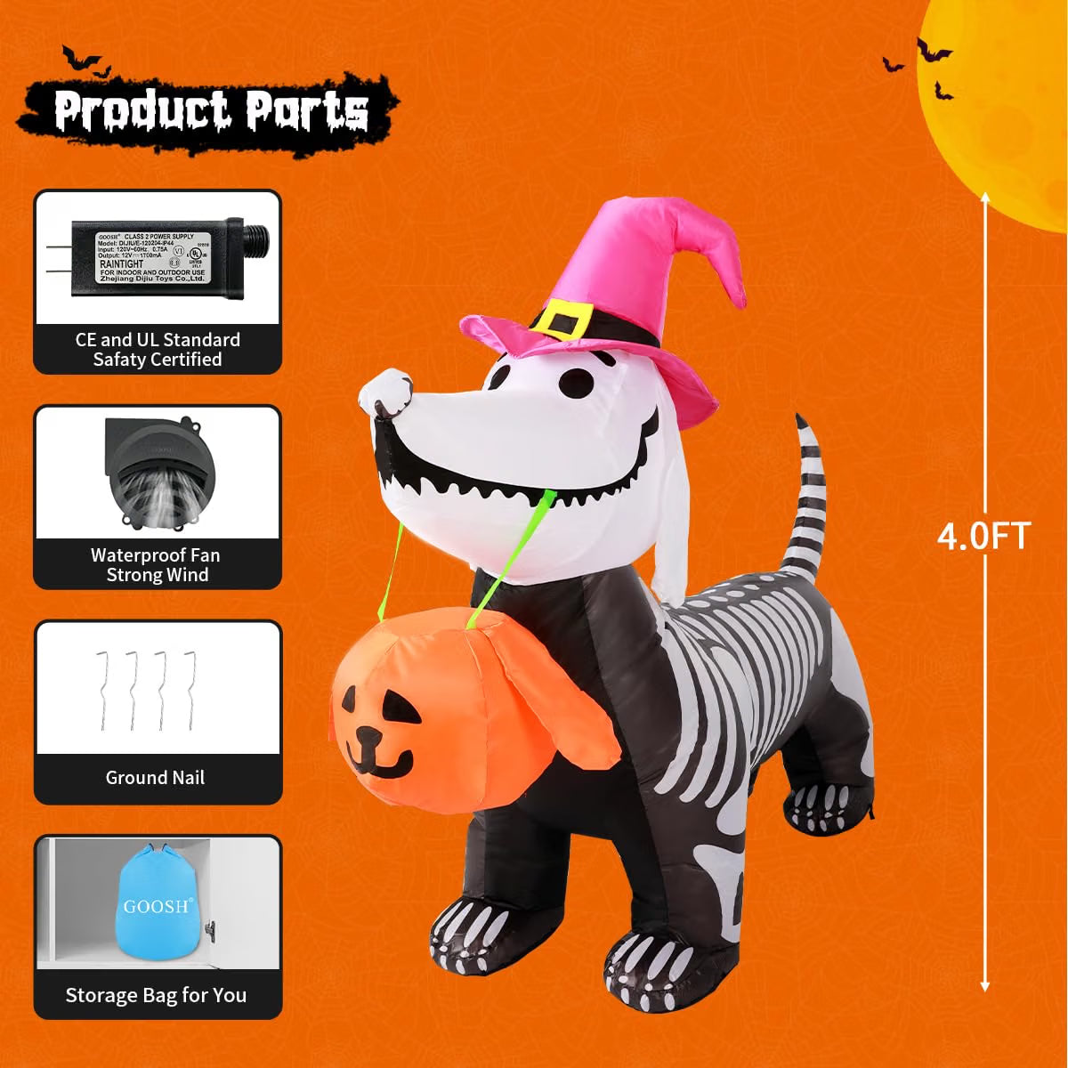 5.5 Ft Halloween Inflatable Skeleton Puppy – LED Light-Up Pumpkin Blow-Up Decoration for Indoor & Outdoor Yard, Garden & Party Décor