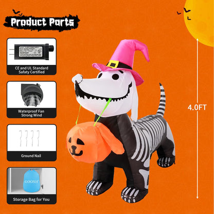 5.5 Ft Halloween Inflatable Skeleton Puppy – LED Light-Up Pumpkin Blow-Up Decoration for Indoor & Outdoor Yard, Garden & Party Décor