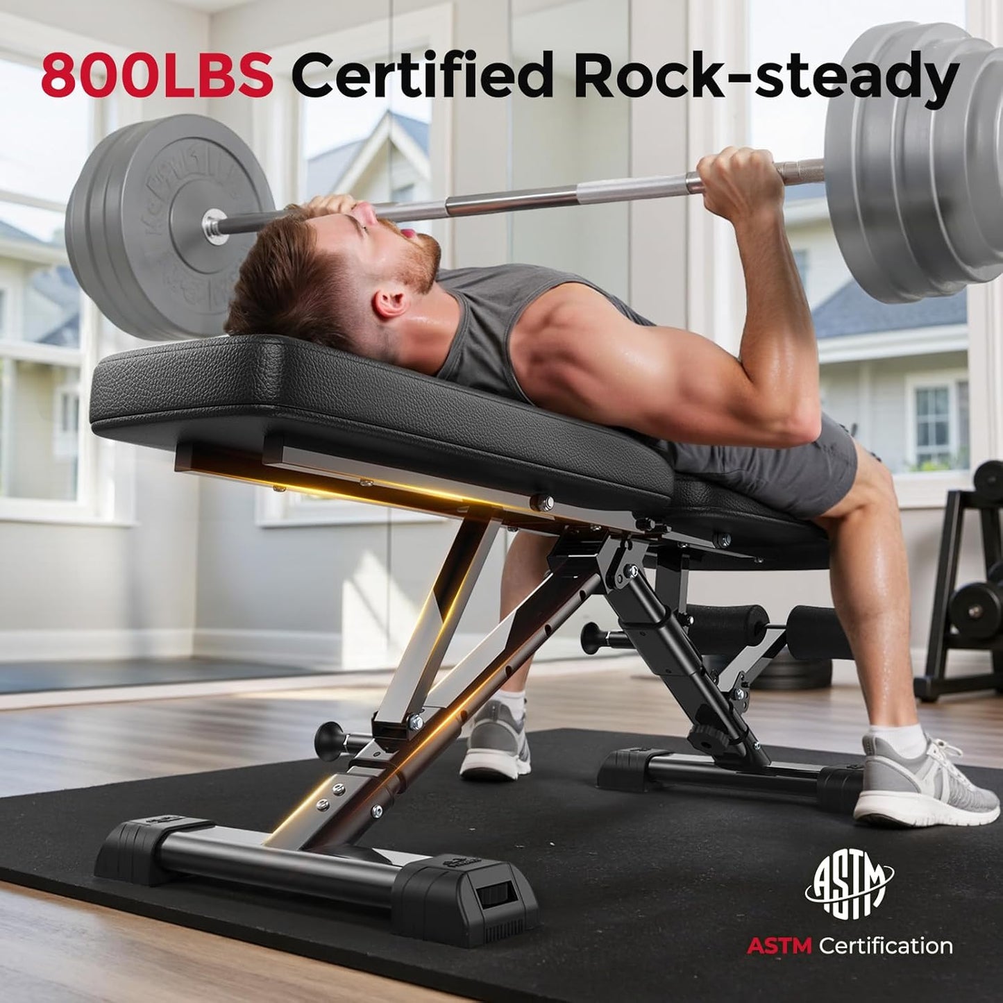 WB5 Adjustable Weight Bench – ASTM-Certified 800 lb Foldable Workout Bench for Home Gym with Extended Backrest & FID Positions