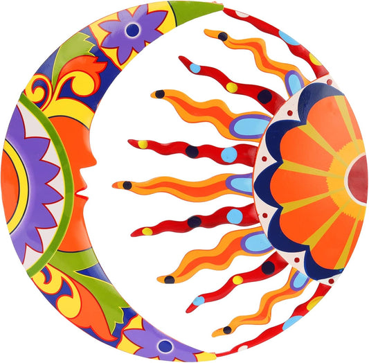 16" Metal Sun and Moon Wall Art – Colorful Handcrafted Talavera Celestial Wall Décor for Indoor & Outdoor Living Room, Garden or Patio