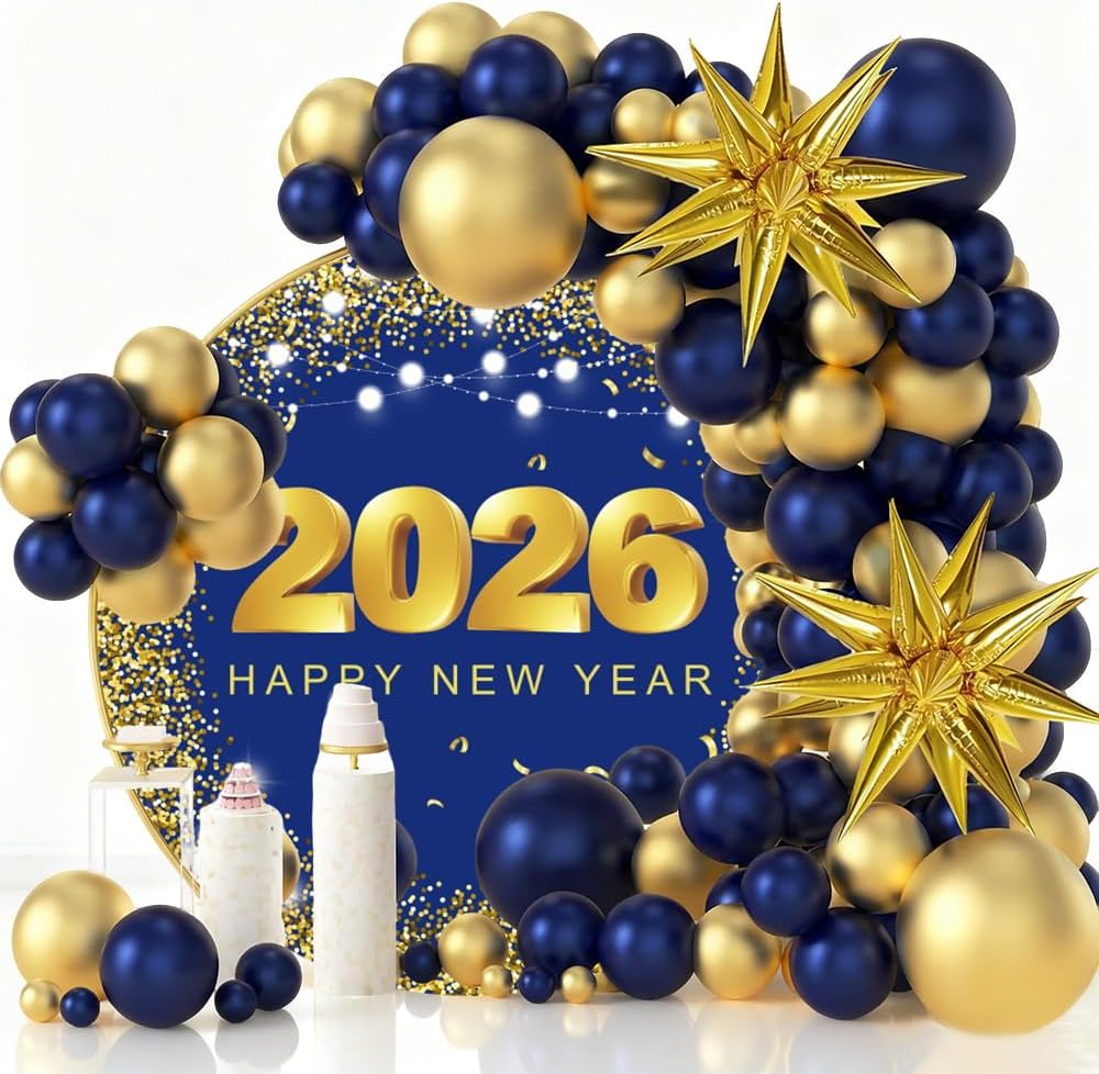 2026 Happy New Year Backdrop – 6ft Round Gold & Blue Party Photography Banner
