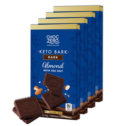 Sugar-Free Dark Chocolate Almond Keto Bark with Sea Salt – Vegan, Low Carb, High Fiber, No Sugar Alcohols, 3.2 oz Bars (4 Pack)