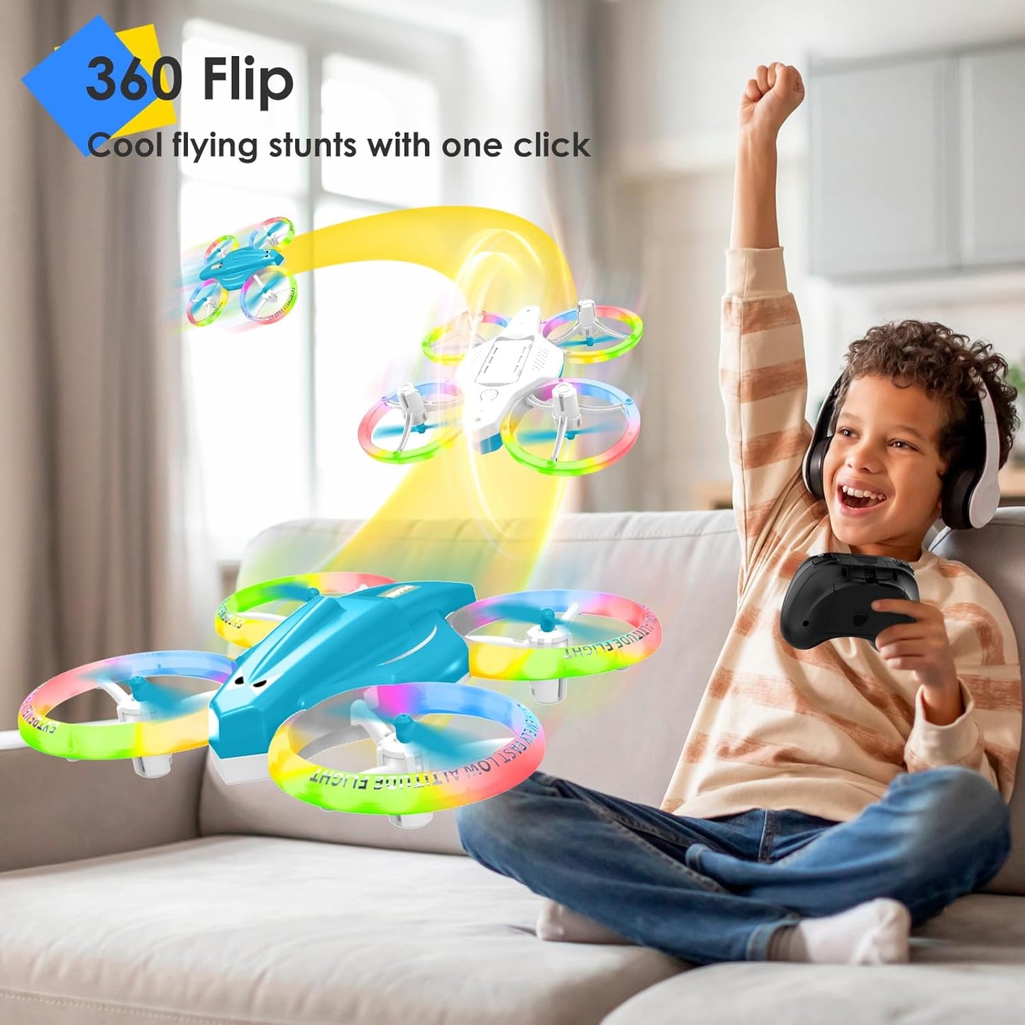 Mini LED Drone for Kids – Indoor RC Drone with 360° Flips, 2 Batteries & One-Key Takeoff (Light Blue)