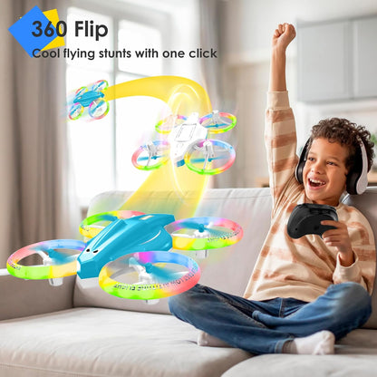 Mini LED Drone for Kids – Indoor RC Drone with 360° Flips, 2 Batteries & One-Key Takeoff (Light Blue)