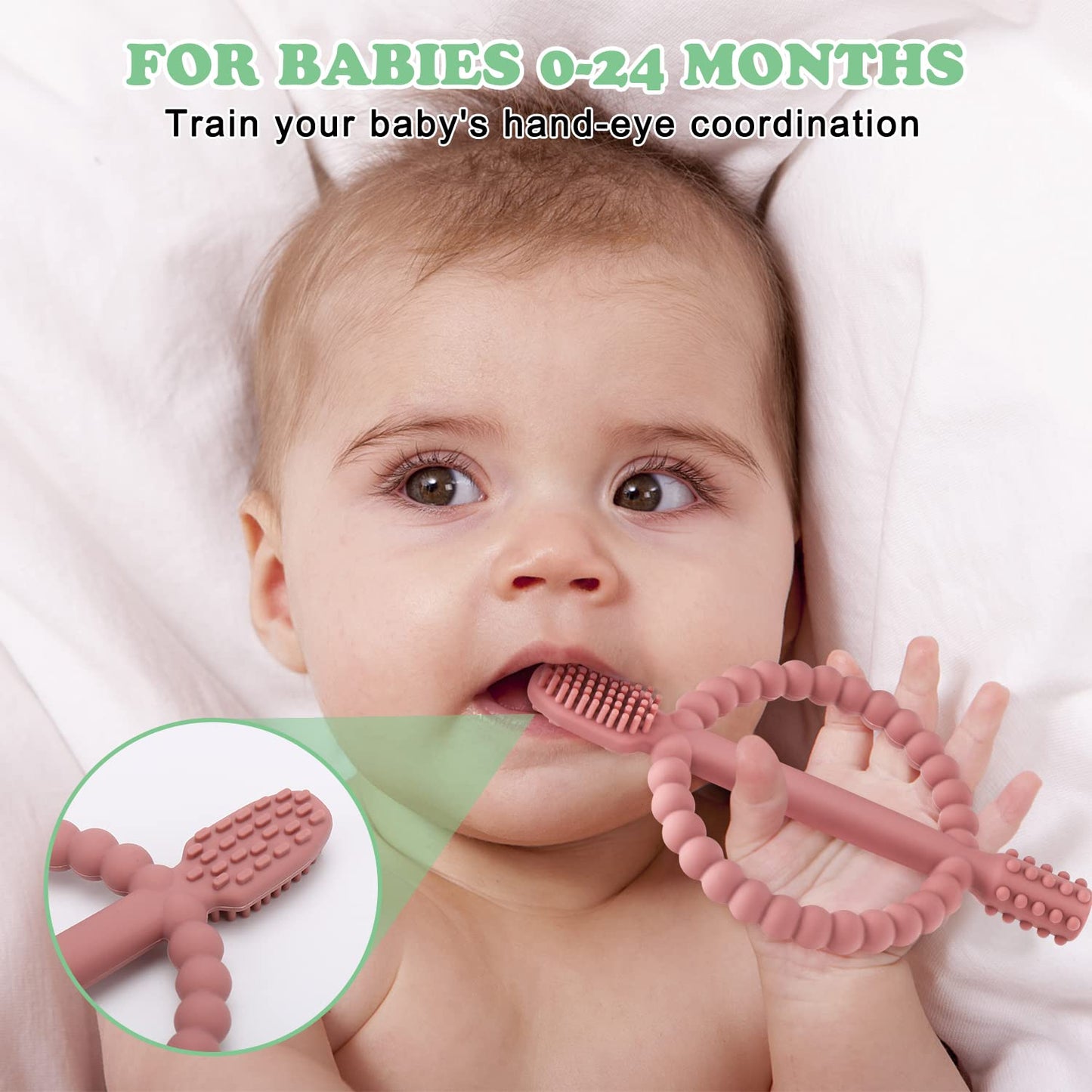 Baby Silicone Teething Toothbrush – Easy-Hold Handle, Double-Sided Gum Massager (Bright Green & Caramel)