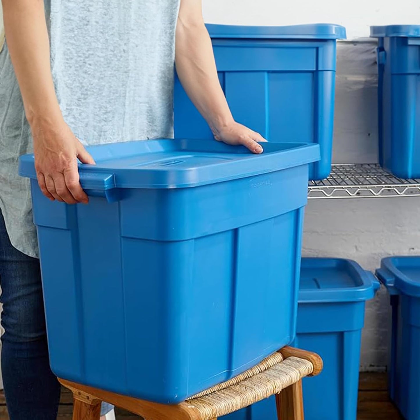 18 Gal Roughneck Tote Storage Bins – Rugged Stackable Plastic with Lids & Handles – Heritage Blue (6 Pack) – Made in USA