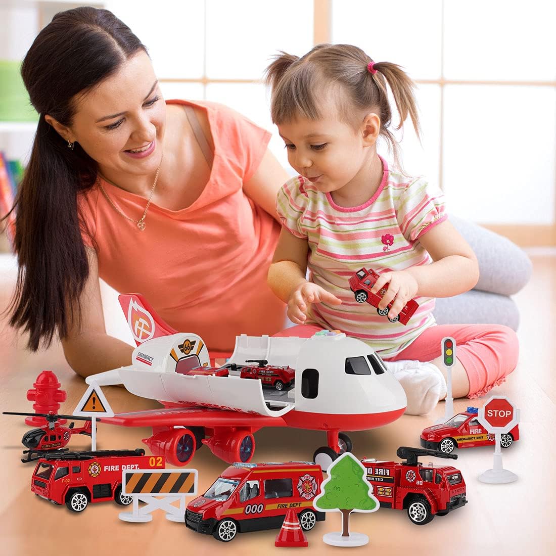 Airplane Toy Playset – Includes Fire Trucks, Play Mat, Lights & Sounds (Ages 3+)