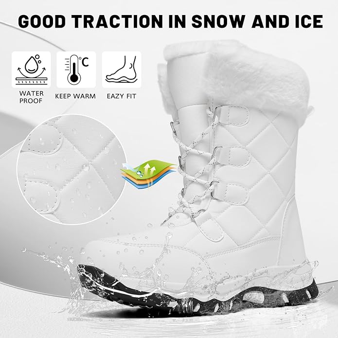 Women’s Water-Resistant Snow Boots – Faux Fur Lined Lace-Up Mid-Calf (White, Size 9)