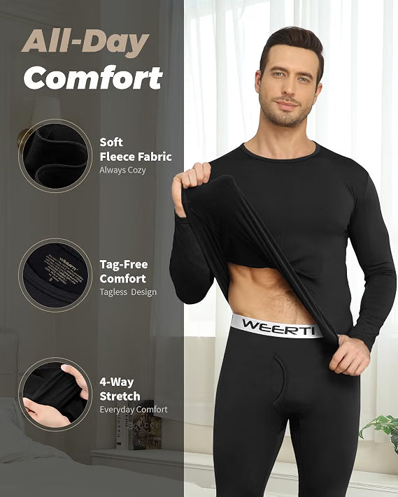 Men’s Thermal Underwear Set – Fleece-Lined Long Johns for Winter & Cold Weather, Black Large