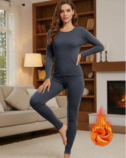 Patelai Women’s Thermal Underwear Set (2-Pack) – Soft Fleece-Lined Winter Base Layer Top & Bottom (Black/Dark Gray, XXL)
