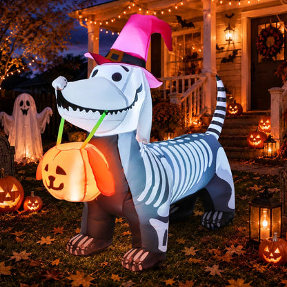 5.5 Ft Halloween Inflatable Skeleton Puppy – LED Light-Up Pumpkin Blow-Up Decoration for Indoor & Outdoor Yard, Garden & Party Décor