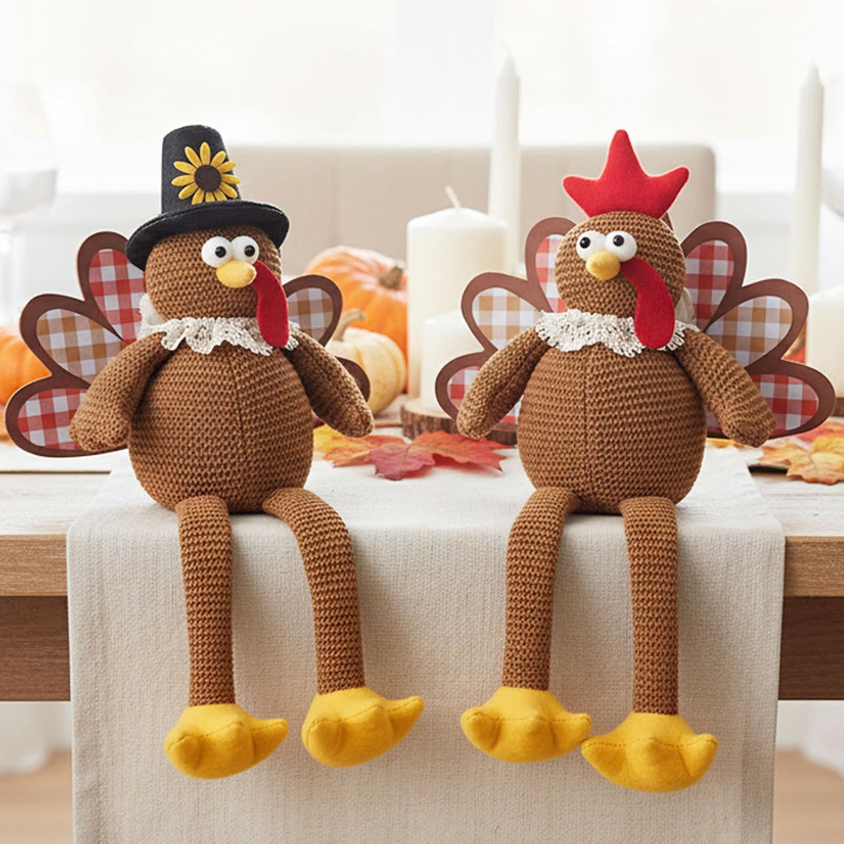 2-Piece Thanksgiving Turkey Couple Plush Dolls – Dangling Leg Fall Harvest Tabletop Decorations for Home, Kitchen & Shelf Décor