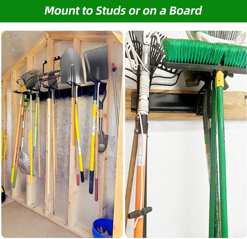 48" Garage Tool Organizer Wall Mount – Heavy-Duty Rail Rack with 6 Double-Layer Hooks for Yard Tools & Shovels
