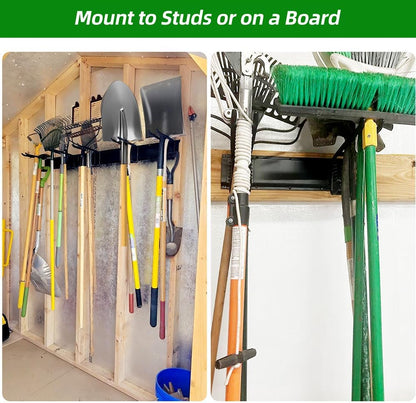 48" Garage Tool Organizer Wall Mount – Heavy-Duty Rail Rack with 6 Double-Layer Hooks for Yard Tools & Shovels