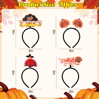 50-Pack Thanksgiving Turkey Headbands – Pumpkin Head Boppers, Fall Costume Accessories & Party Favors