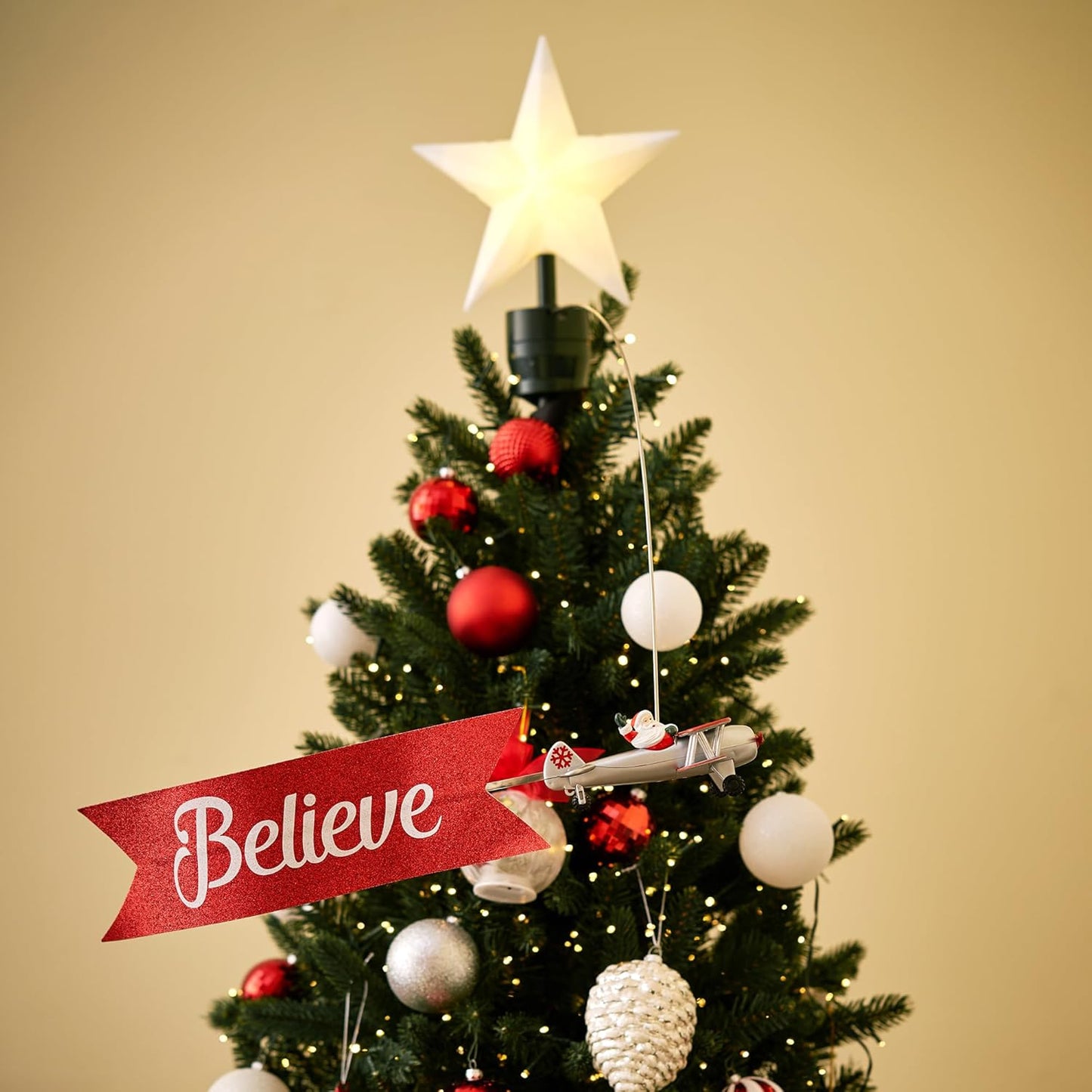 Santa's Animated Bi-Plane Christmas Tree Topper - White with Banner, LED Star, and Velcro Straps