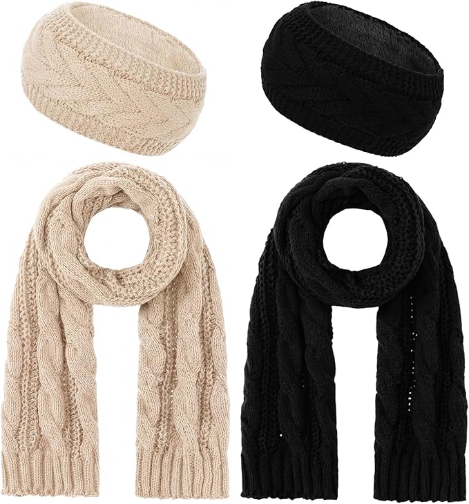 Women’s Cable Knit Scarf & Ear Warmer Headband Set – Fleece-Lined Winter Accessories (Black/Khaki)