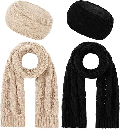 Women’s Cable Knit Scarf & Ear Warmer Headband Set – Fleece-Lined Winter Accessories (Black/Khaki)