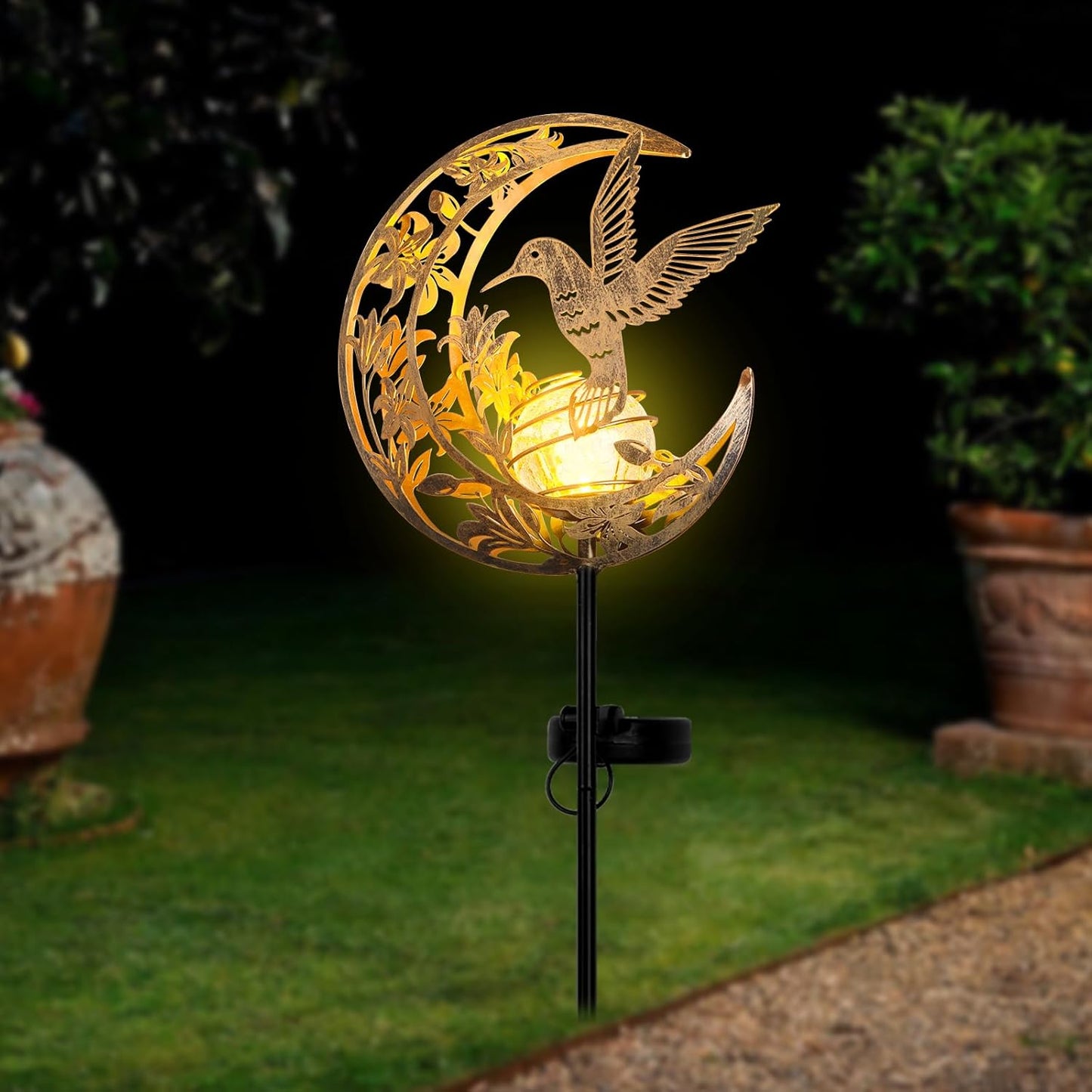 Solar Hummingbird Stake Light – Moon & Bird Metal Outdoor Decor, Waterproof Auto On/Off Pathway Light for Yard, Lawn, Patio & Garden