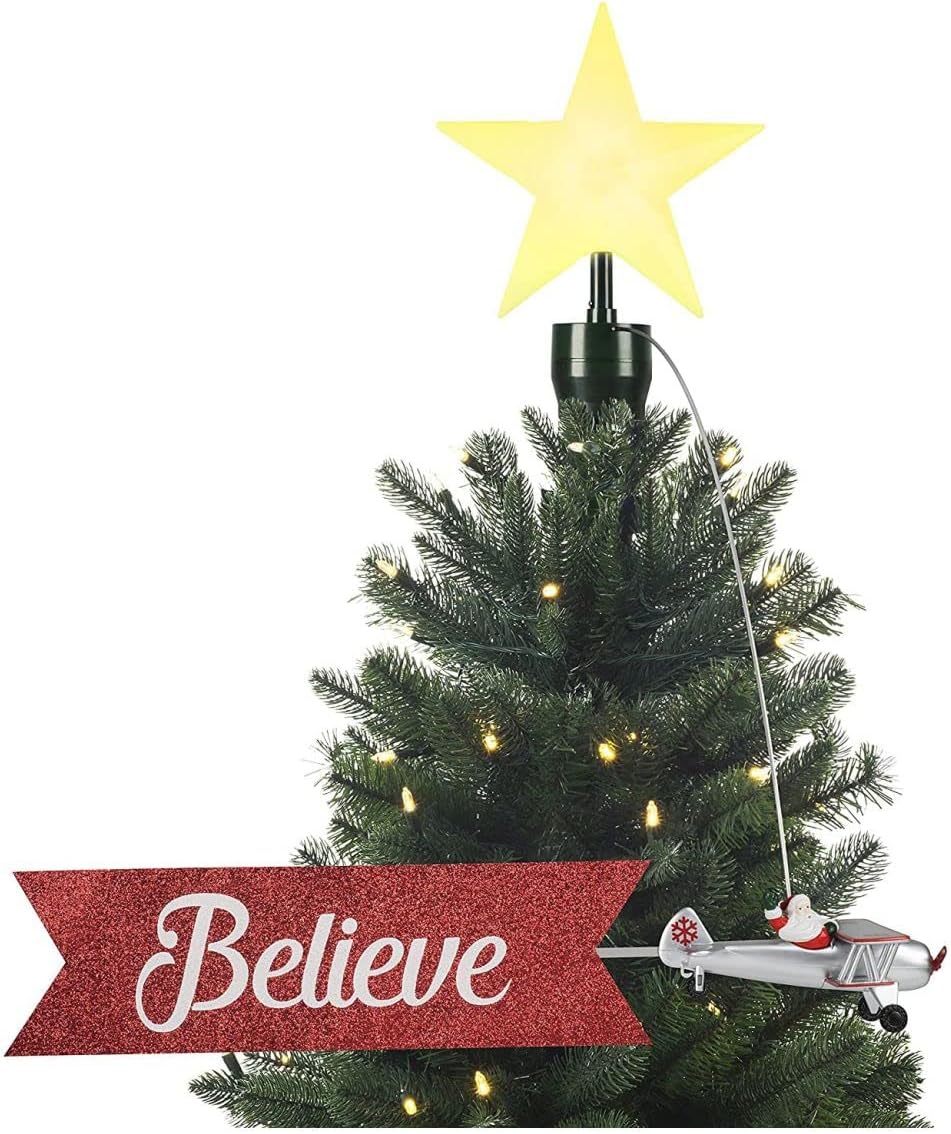 Santa's Animated Bi-Plane Christmas Tree Topper - White with Banner, LED Star, and Velcro Straps