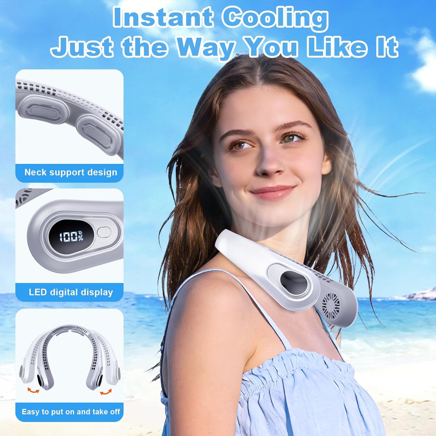 Portable Rechargeable Neck Fan – 5000mAh Bladeless Wearable Cooling Fan with LED Display & 5 Speeds