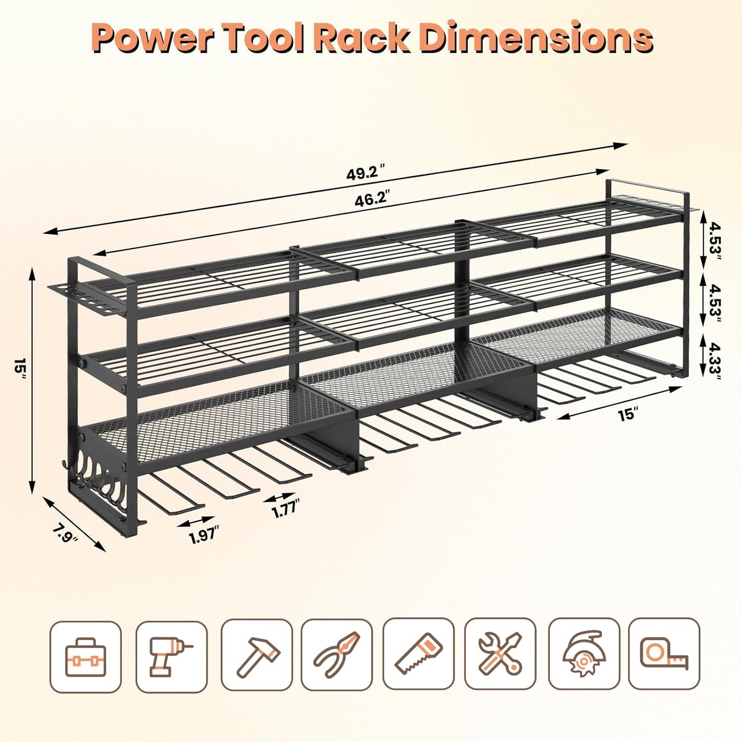 49" Power Tool Organizer Wall Mount – 4-Tier Garage Storage Rack, Holds up to 600 lbs – Tool Organizer for Garage