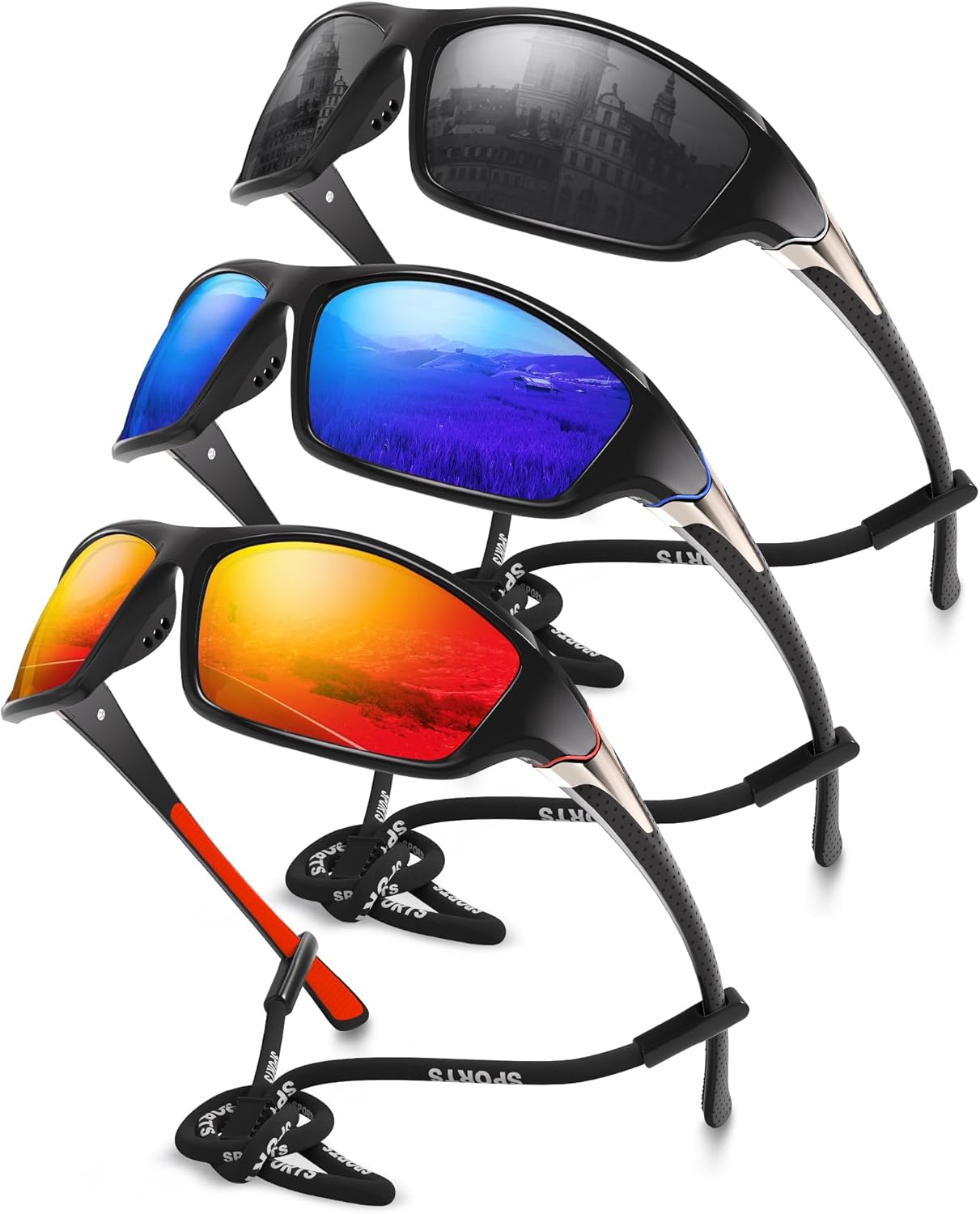 3-Pack Polarized Sports Sunglasses for Men – Wraparound UV Protection for Cycling, Fishing & Driving