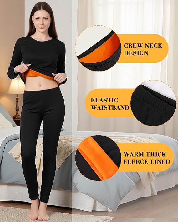 Patelai Women’s Thermal Underwear Set (2-Pack) – Soft Fleece-Lined Winter Base Layer Top & Bottom (Black/Dark Gray, XXL)