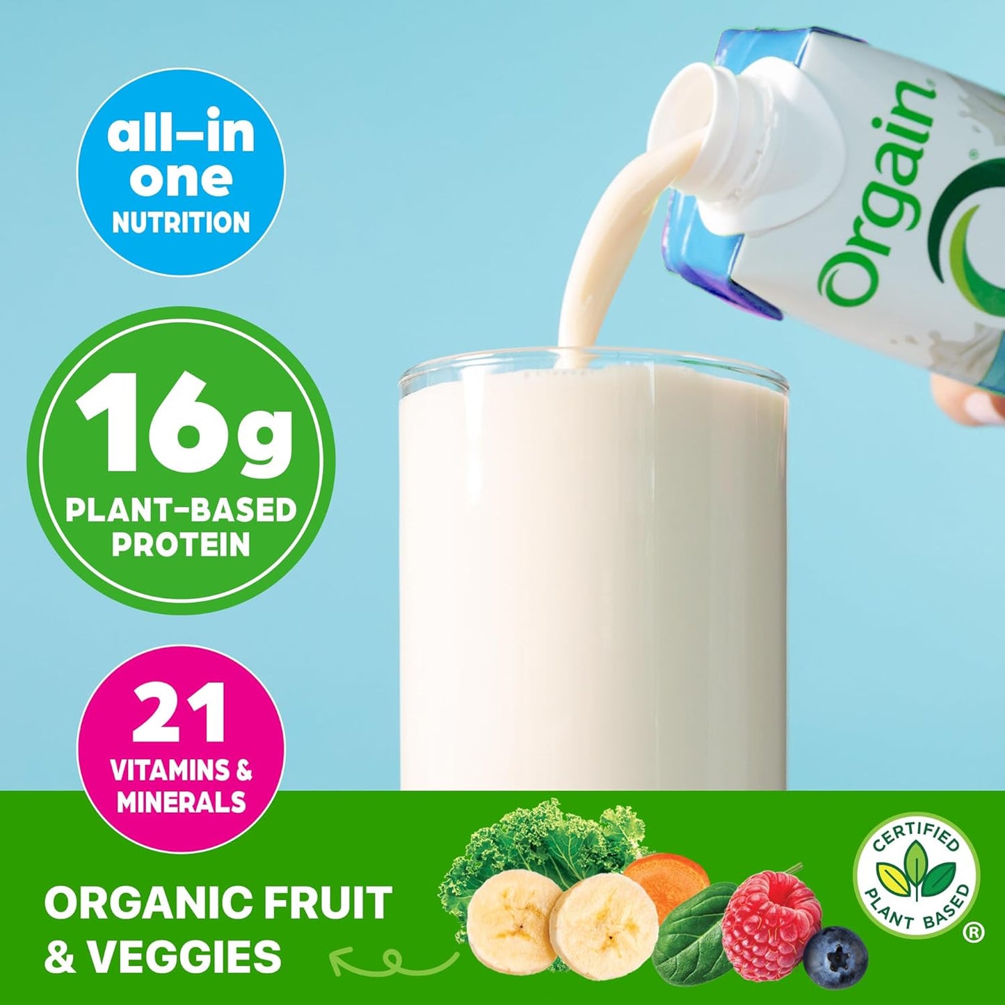 Orgain Organic Vegan Protein Shake – Vanilla Bean, 16g Plant Protein – 11 fl oz (Pack of 12)