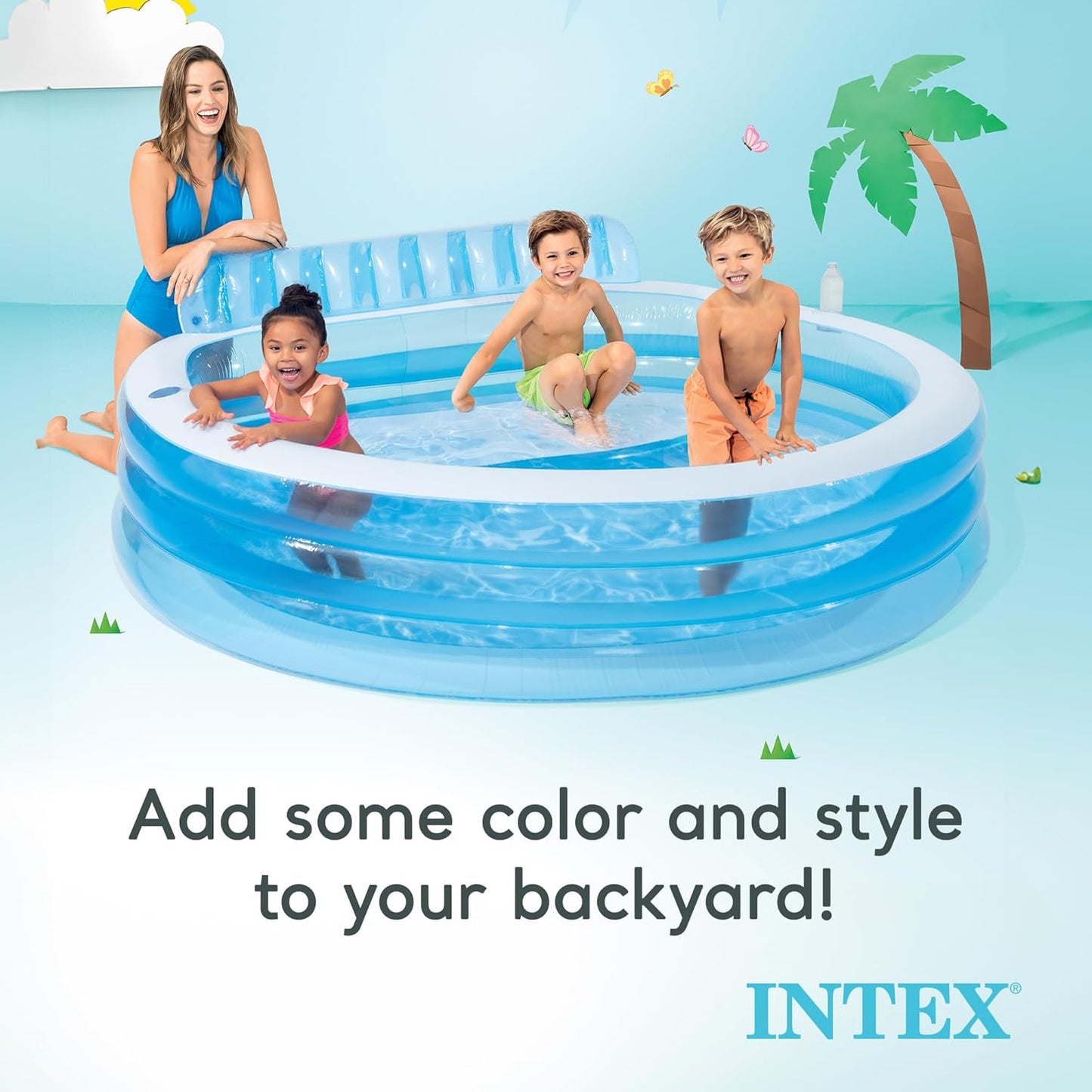 Inflatable Above-Ground Family Lounge Pool: Built-in Bench and Cup Holder