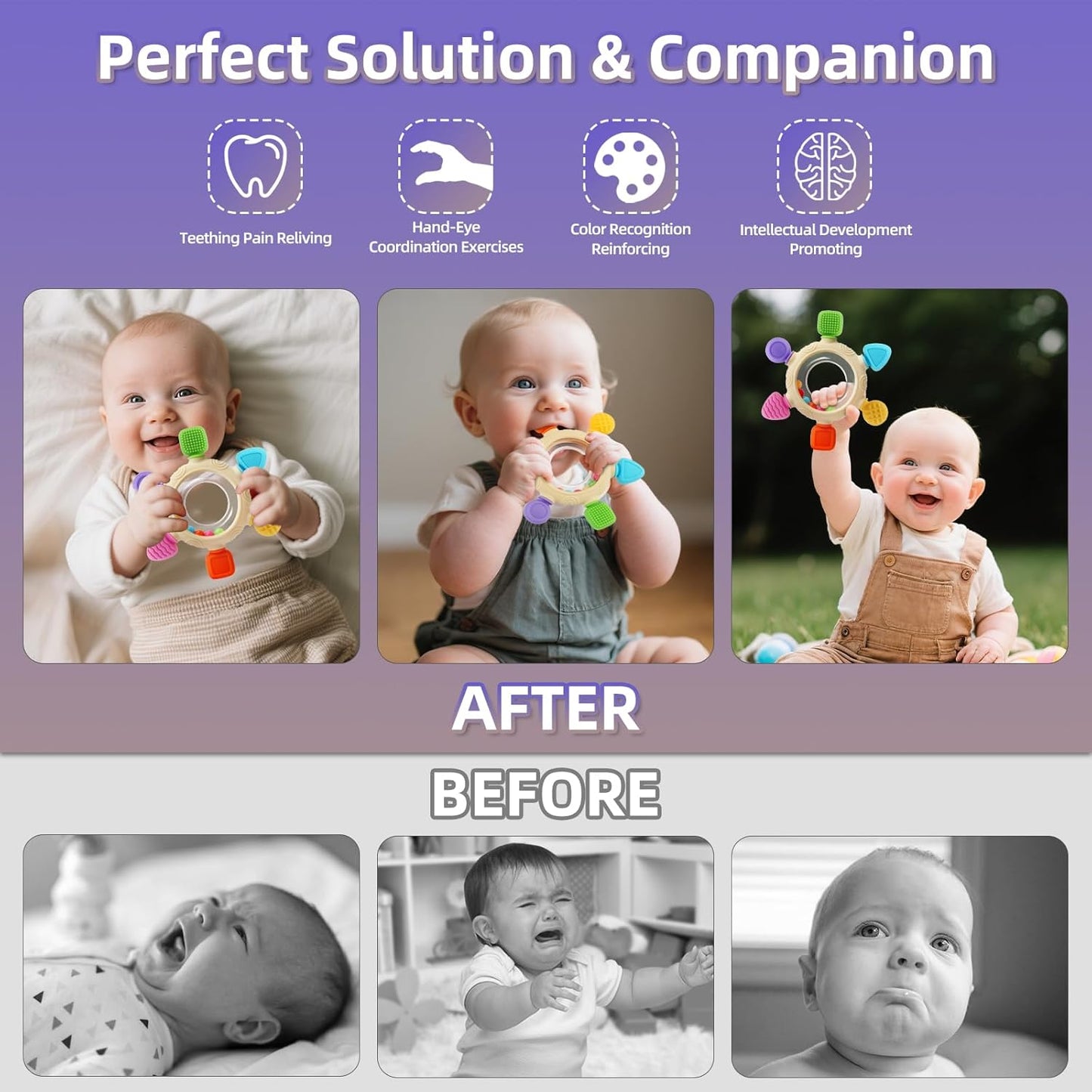Baby Silicone Teething Rings & Rattle – BPA-Free Sensory Teether for Soothing Gums (0–24 Months)