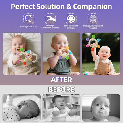 Baby Silicone Teething Rings & Rattle – BPA-Free Sensory Teether for Soothing Gums (0–24 Months)