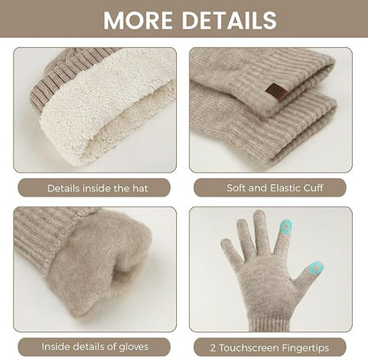 Women’s Winter Beanie, Scarf & Touchscreen Gloves Set – Fleece-Lined Knit Gift