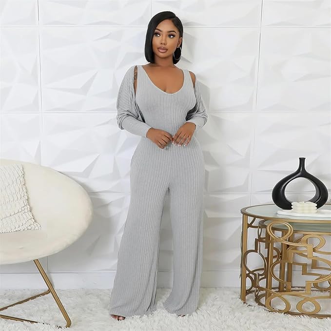Women’s Ribbed Knit 2-Piece Outfit – Batwing Cardigan, Tank & Wide-Leg Pants with Pockets (Gray, XXL)