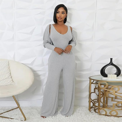 Women’s Ribbed Knit 2-Piece Outfit – Batwing Cardigan, Tank & Wide-Leg Pants with Pockets (Gray, XXL)
