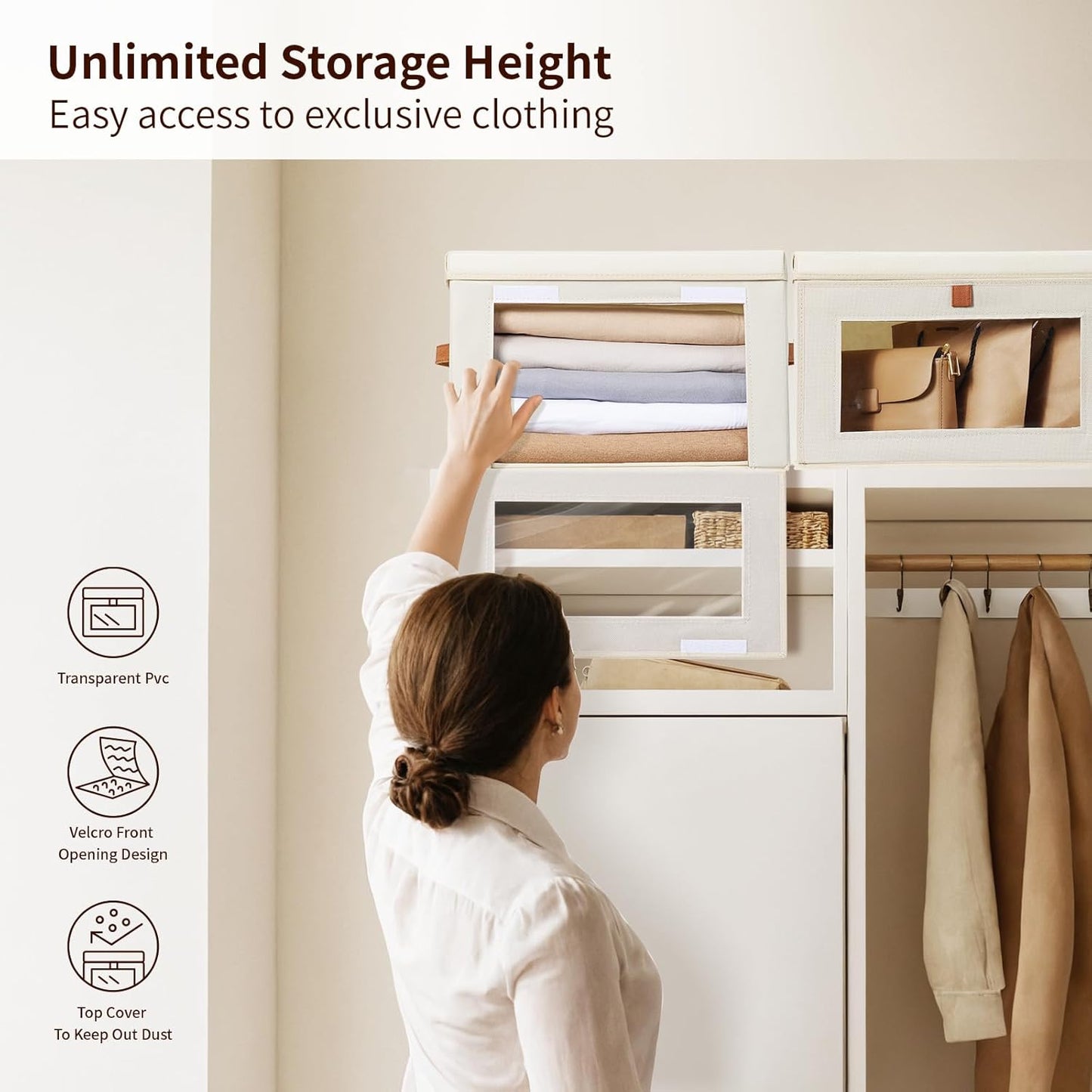 Large Closet Storage Organizer – Fabric Storage Bins with Handles & Window (2-Pack, Beige)