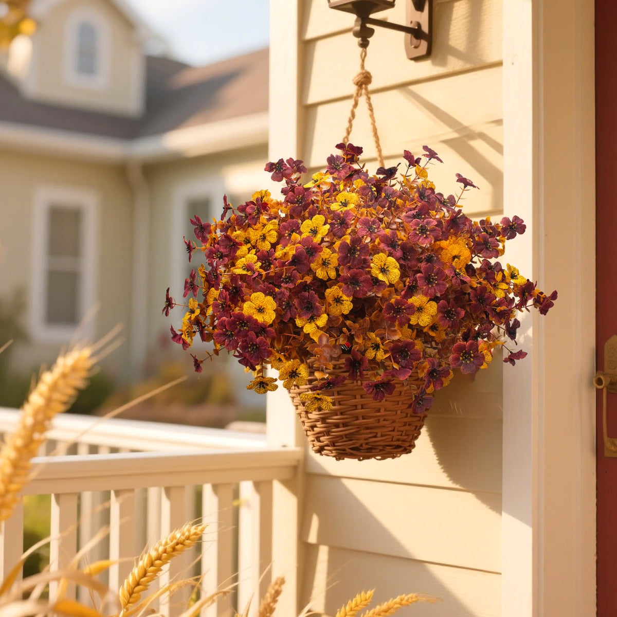 16-Bundle Artificial Fall Mums with Eucalyptus – UV-Resistant Orange Faux Flowers for Outdoor Porch, Planters & Thanksgiving Décor