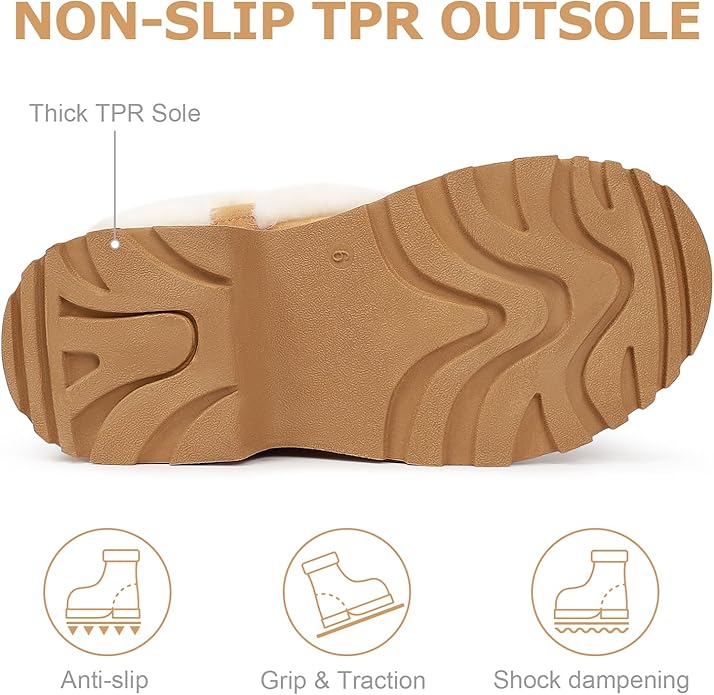 Women’s Ankle Winter Boots – Chunky Low Heel Slip-On with Buckle (Chestnut-White Fuzzy, Size 9)