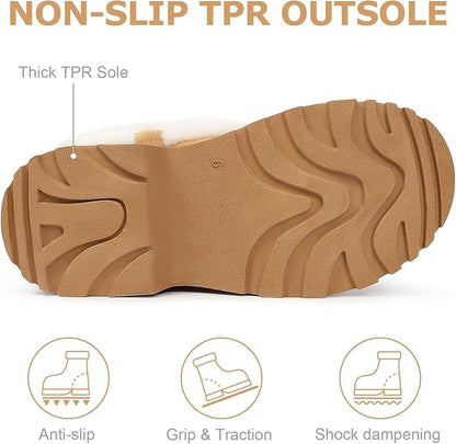 Women’s Ankle Winter Boots – Chunky Low Heel Slip-On with Buckle (Chestnut-White Fuzzy, Size 9)