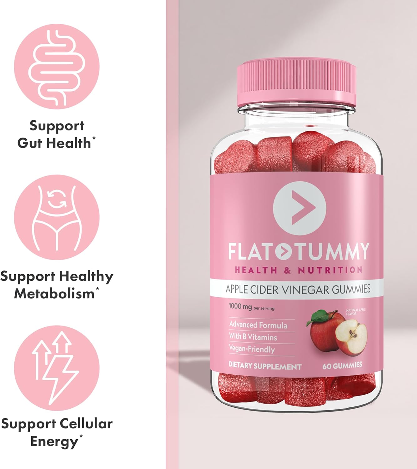 Flat Tummy ACV Gummies – Detox & Gut Health Support with Beet & Pomegranate (60 Count)