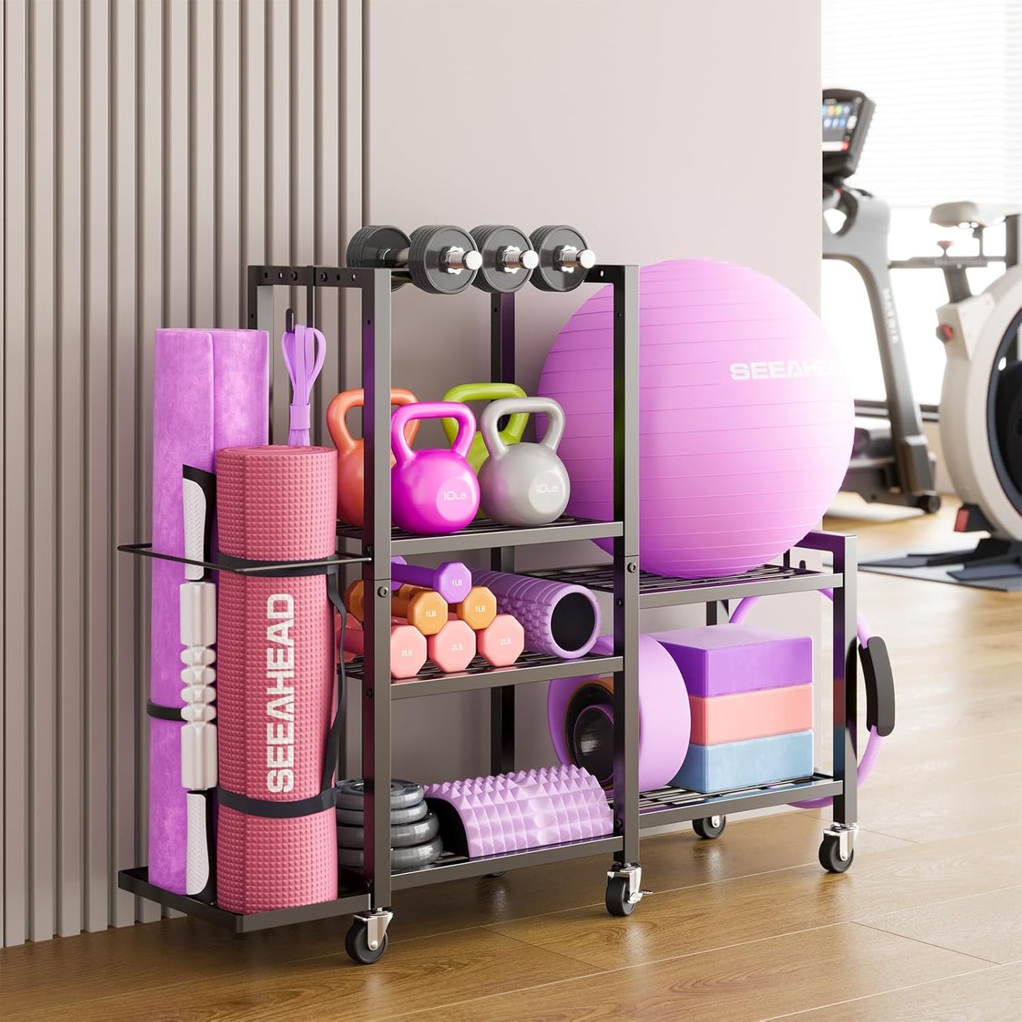 6-Tier Home Gym Storage Rack with Wheels – Multi-Purpose Organizer for Dumbbells, Yoga Mats & Fitness Equipment